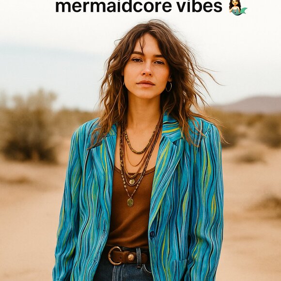 Vintage Y2K Psychedelic Silk Blazer Jacket sz 10 Blue Aqua Trippy Mermaid Career - Picture 1 of 7